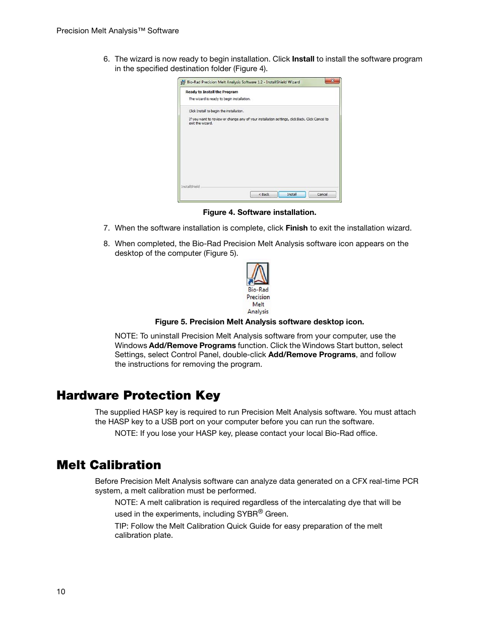 Hardware protection key, Melt calibration, Hardware protection key melt calibration | Bio-Rad Precision Melt Analysis™ Software User Manual | Page 15 / 68