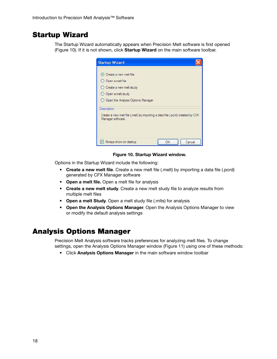 Startup wizard, Analysis options manager, Startup wizard analysis options manager | Bio-Rad Precision Melt Analysis™ Software User Manual | Page 23 / 68