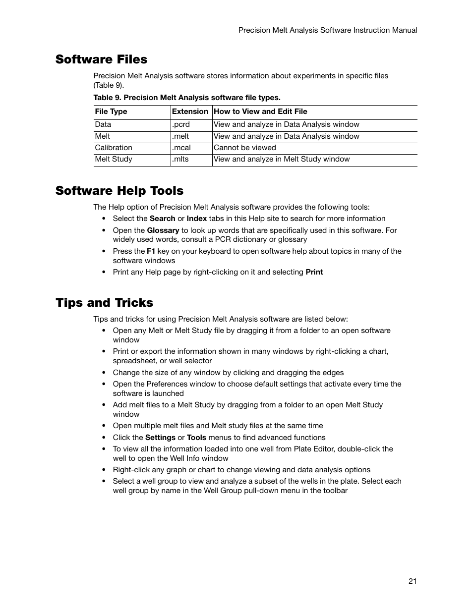 Software files, Software help tools, Tips and tricks | Software files software help tools tips and tricks | Bio-Rad Precision Melt Analysis™ Software User Manual | Page 26 / 68