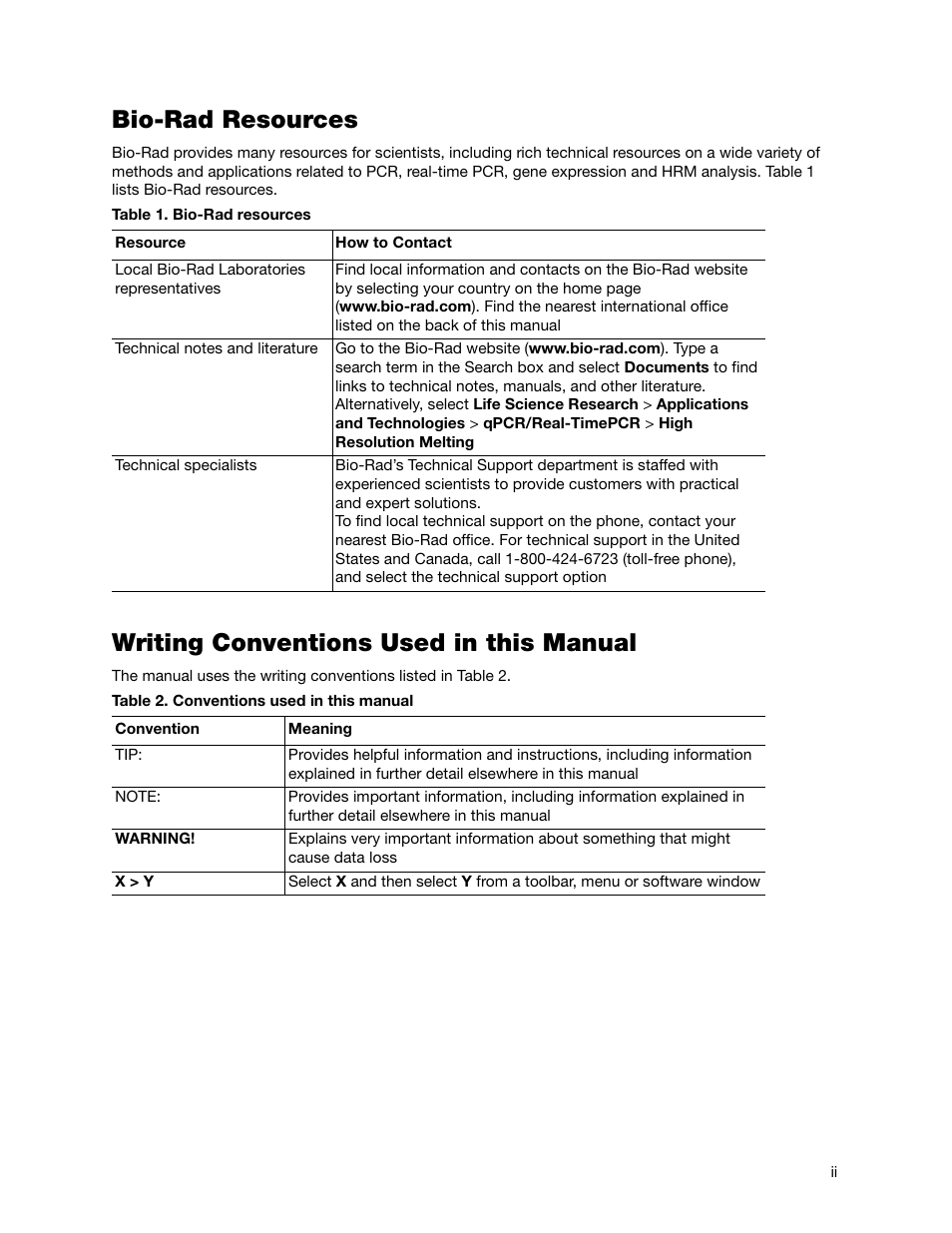 Bio-rad resources, Writing conventions used in this manual | Bio-Rad Precision Melt Analysis™ Software User Manual | Page 3 / 68