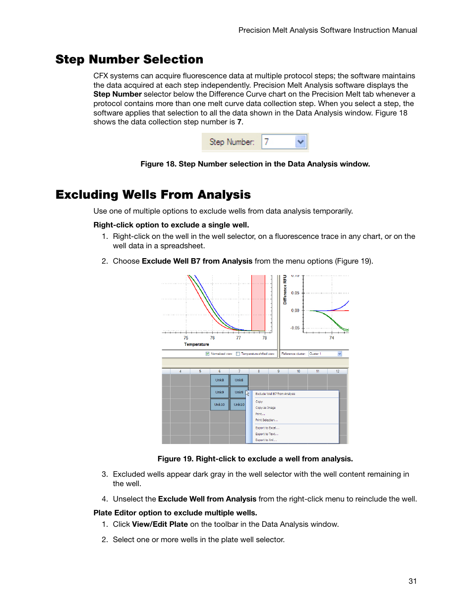 Step number selection, Excluding wells from analysis | Bio-Rad Precision Melt Analysis™ Software User Manual | Page 36 / 68