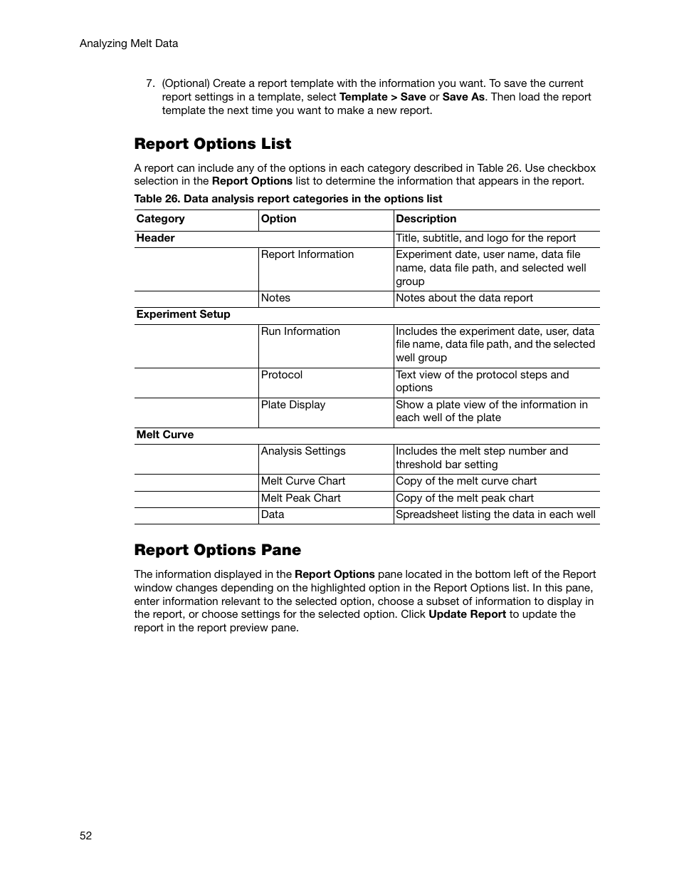 Report options list, Report options pane | Bio-Rad Precision Melt Analysis™ Software User Manual | Page 57 / 68