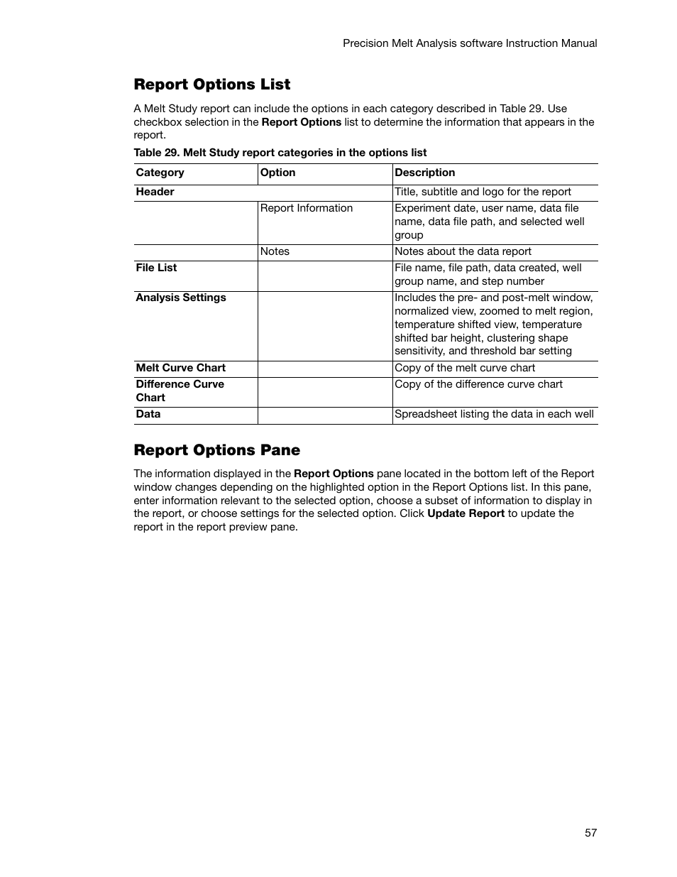 Report options list, Report options pane | Bio-Rad Precision Melt Analysis™ Software User Manual | Page 62 / 68