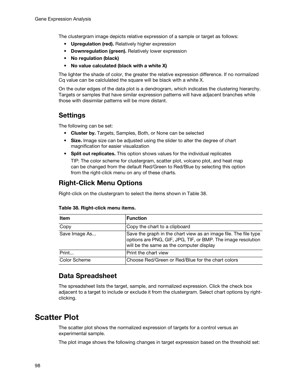 Scatter plot, Settings, Right-click menu options | Data spreadsheet | Bio-Rad Firmware & Software Updates User Manual | Page 109 / 148