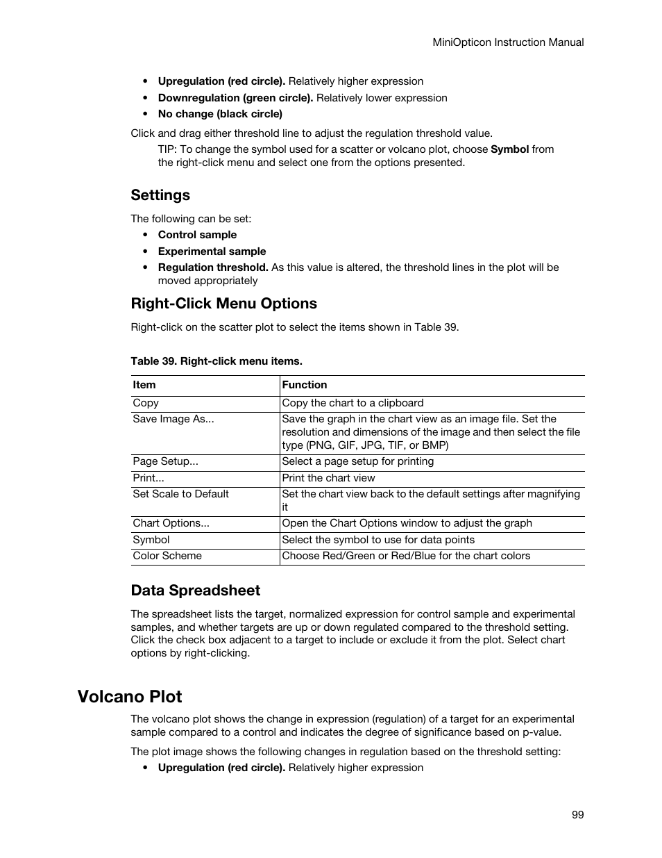 Volcano plot, Settings, Right-click menu options | Data spreadsheet | Bio-Rad Firmware & Software Updates User Manual | Page 110 / 148