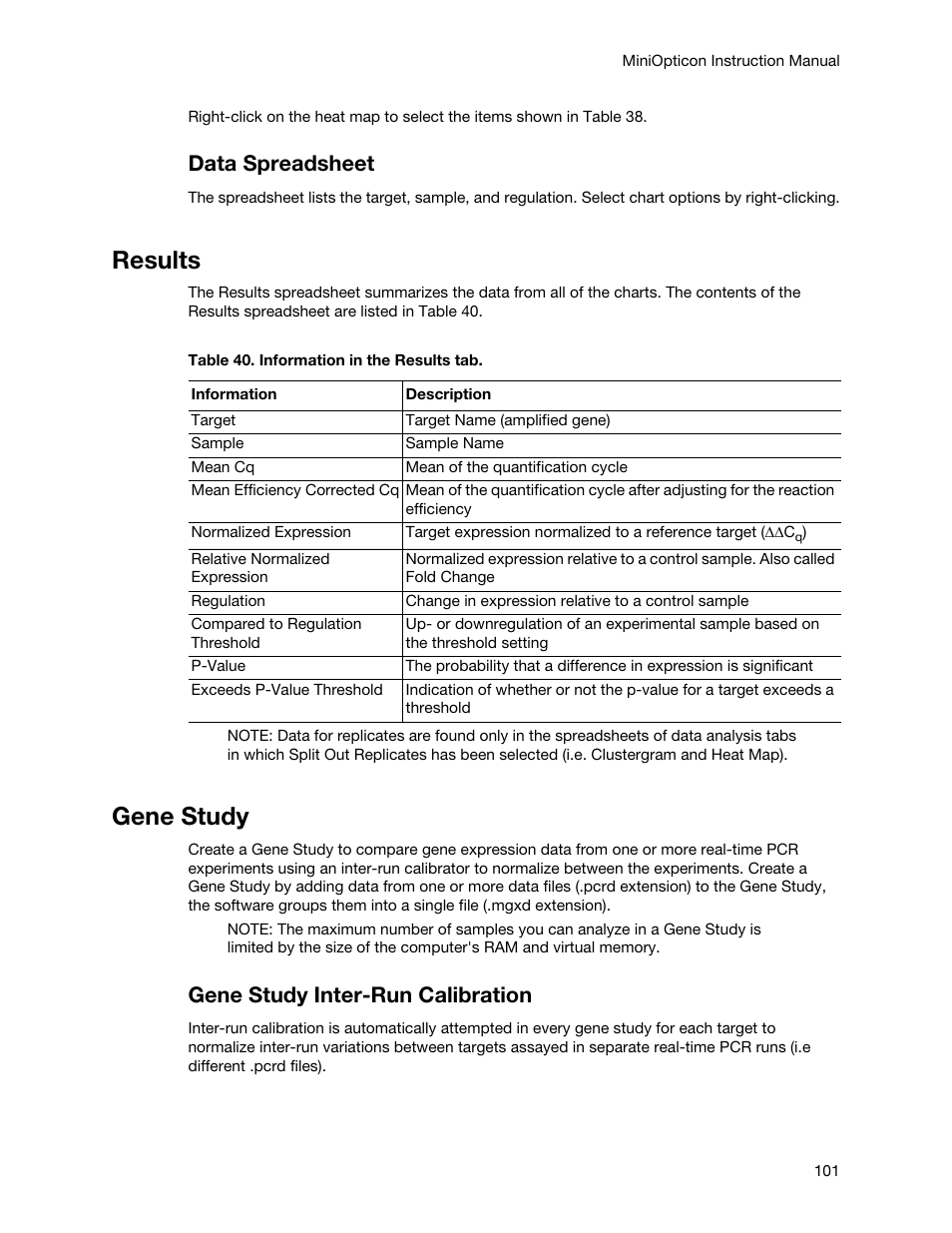 Results, Gene study, Results gene study | Data spreadsheet, Gene study inter-run calibration | Bio-Rad Firmware & Software Updates User Manual | Page 112 / 148