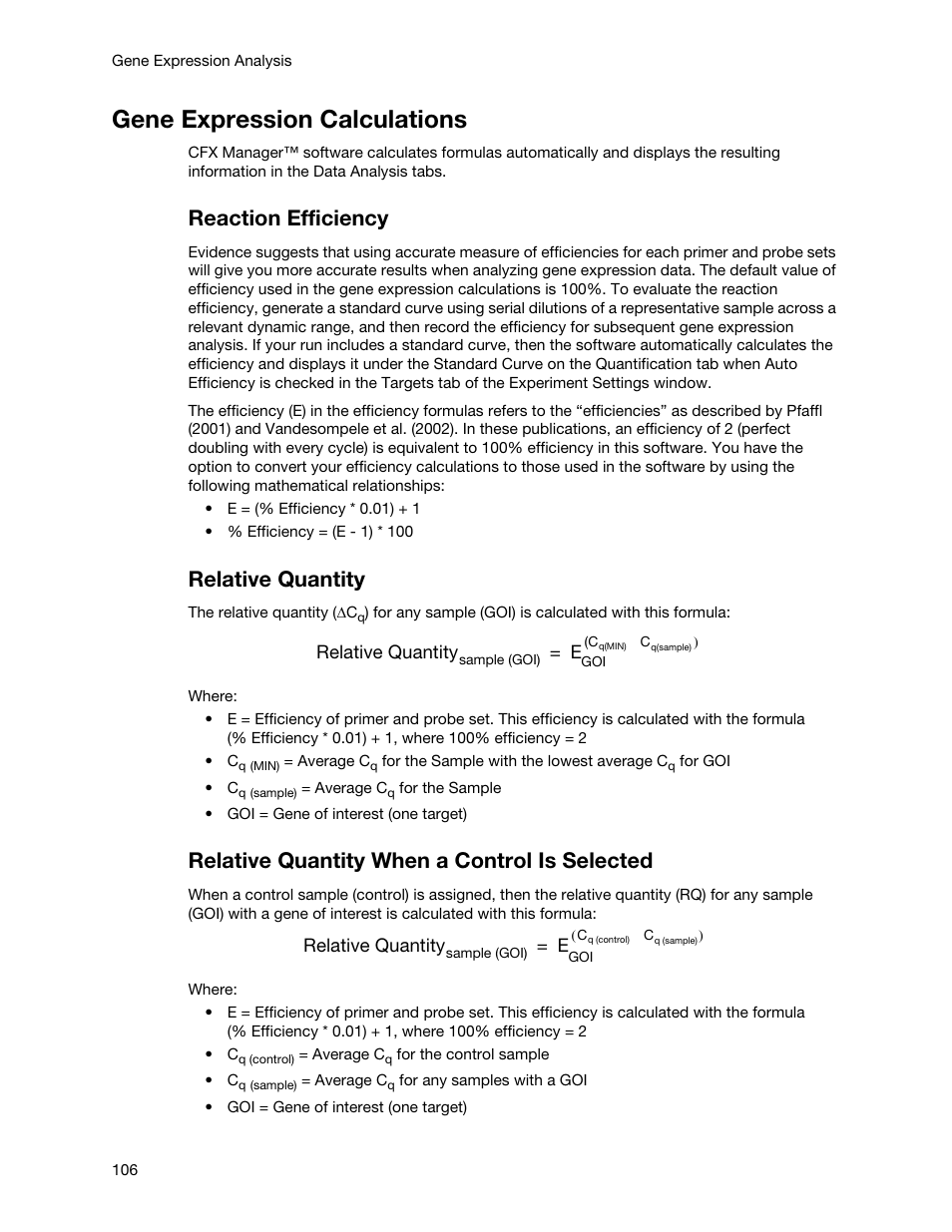 Gene expression calculations, Reaction efficiency, Relative quantity | Relative quantity when a control is selected | Bio-Rad Firmware & Software Updates User Manual | Page 117 / 148