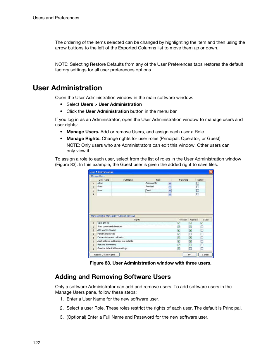 User administration, Adding and removing software users | Bio-Rad Firmware & Software Updates User Manual | Page 133 / 148