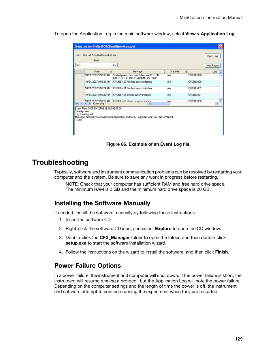 Troubleshooting, Installing the software manually, Power failure options | Bio-Rad Firmware & Software Updates User Manual | Page 140 / 148