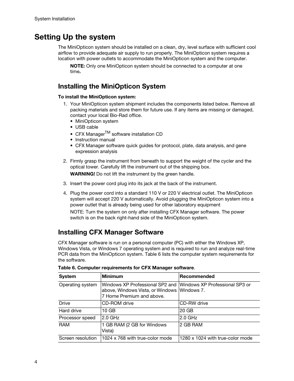 Setting up the system, Installing the miniopticon system, Installing cfx manager software | Bio-Rad Firmware & Software Updates User Manual | Page 15 / 148