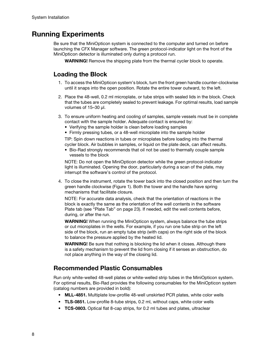 Running experiments, Loading the block, Recommended plastic consumables | Bio-Rad Firmware & Software Updates User Manual | Page 19 / 148