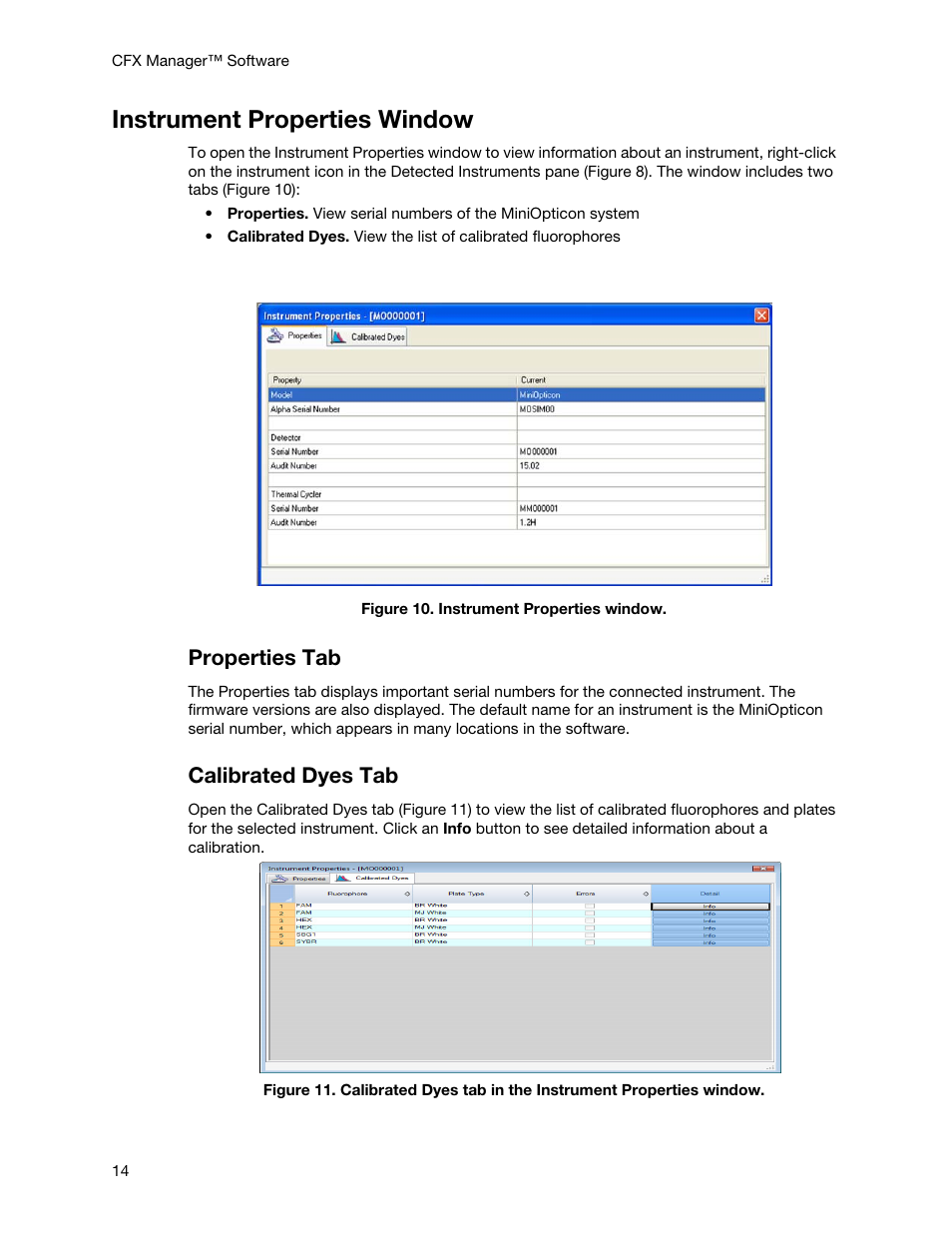 Instrument properties window, Properties tab, Calibrated dyes tab | Bio-Rad Firmware & Software Updates User Manual | Page 25 / 148