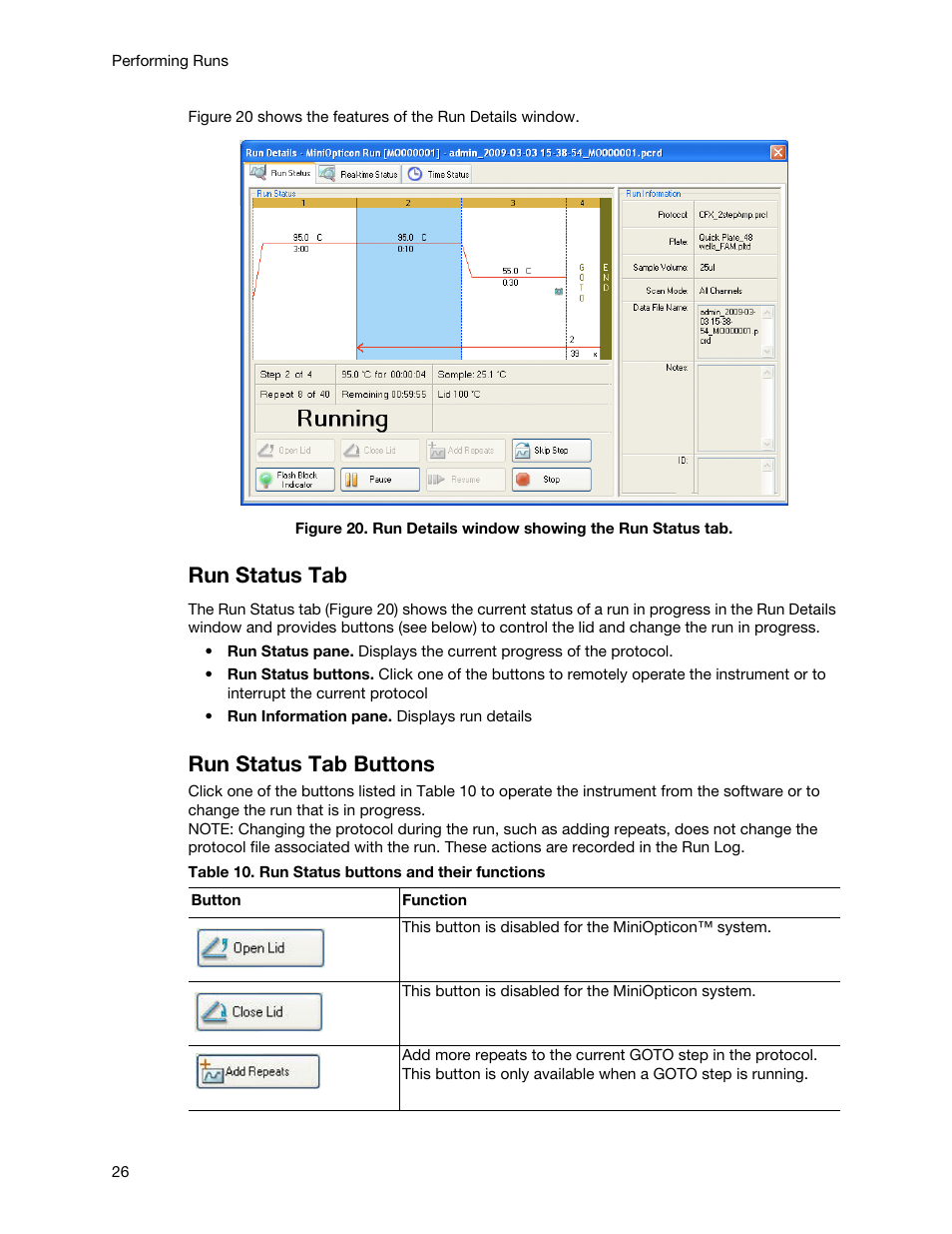 Run status tab, Run status tab buttons | Bio-Rad Firmware & Software Updates User Manual | Page 37 / 148