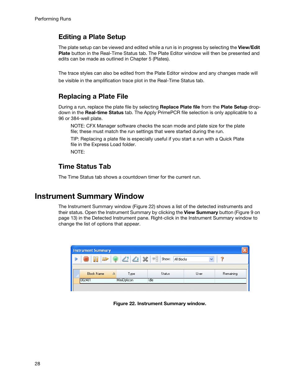 Instrument summary window, Editing a plate setup, Replacing a plate file | Time status tab | Bio-Rad Firmware & Software Updates User Manual | Page 39 / 148