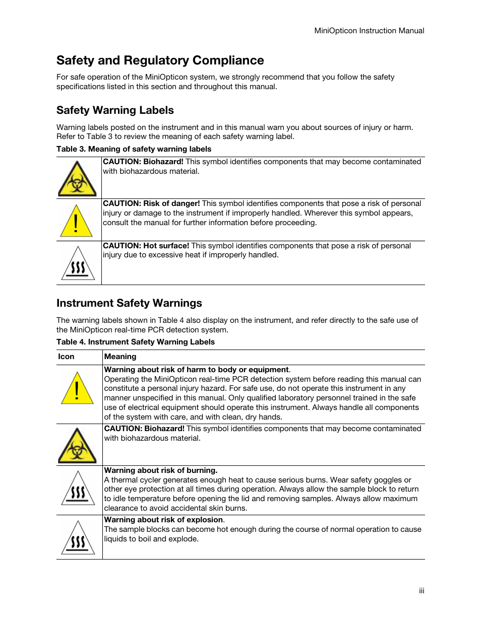 Safety and regulatory compliance, Safety warning labels, Instrument safety warnings | Bio-Rad Firmware & Software Updates User Manual | Page 4 / 148