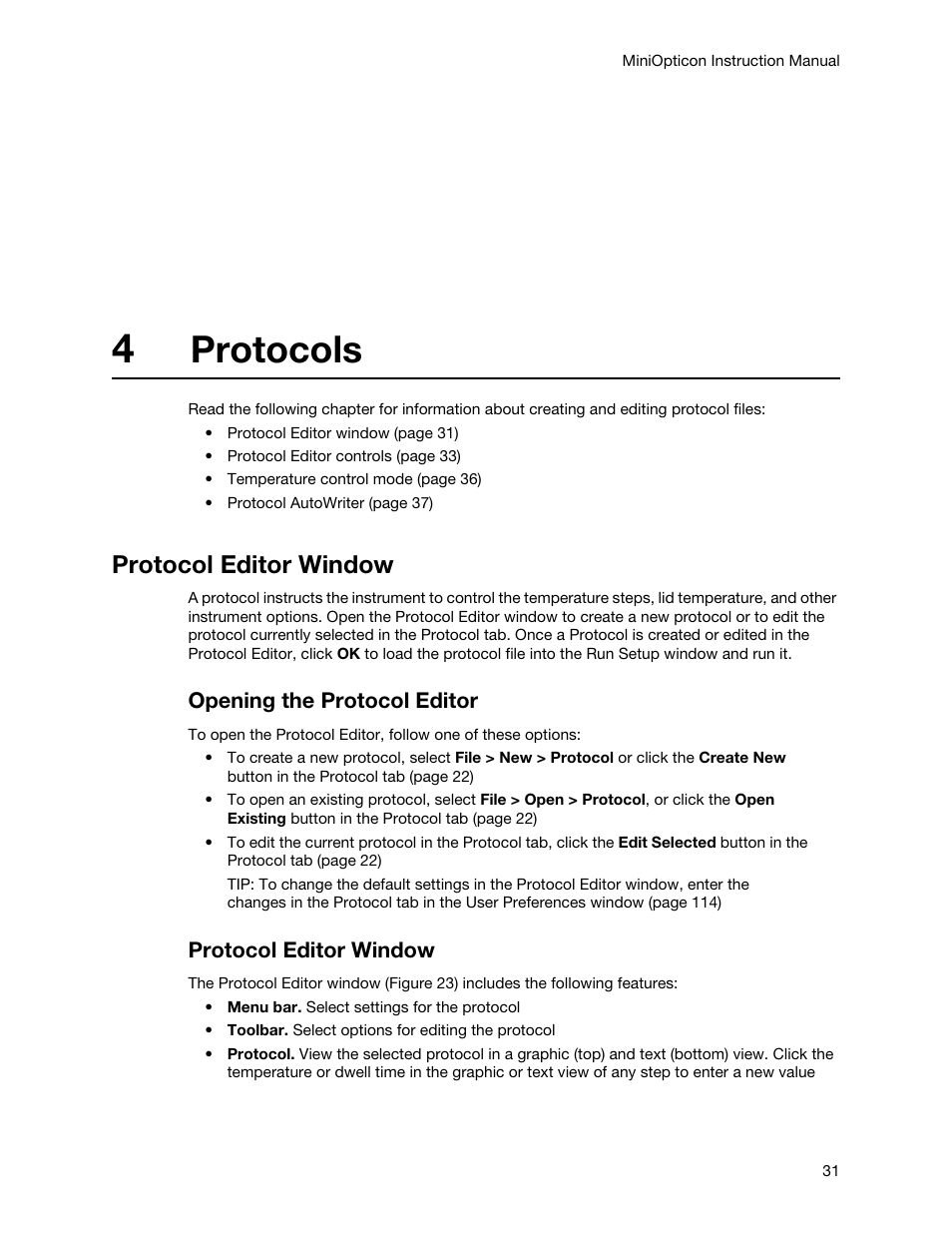 4 protocols, Protocol editor window, Chapter 4. protocols | Protocols, Opening the protocol editor | Bio-Rad Firmware & Software Updates User Manual | Page 42 / 148