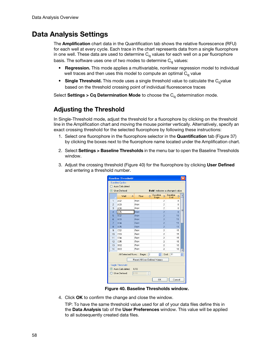 Data analysis settings, Adjusting the threshold | Bio-Rad Firmware & Software Updates User Manual | Page 69 / 148