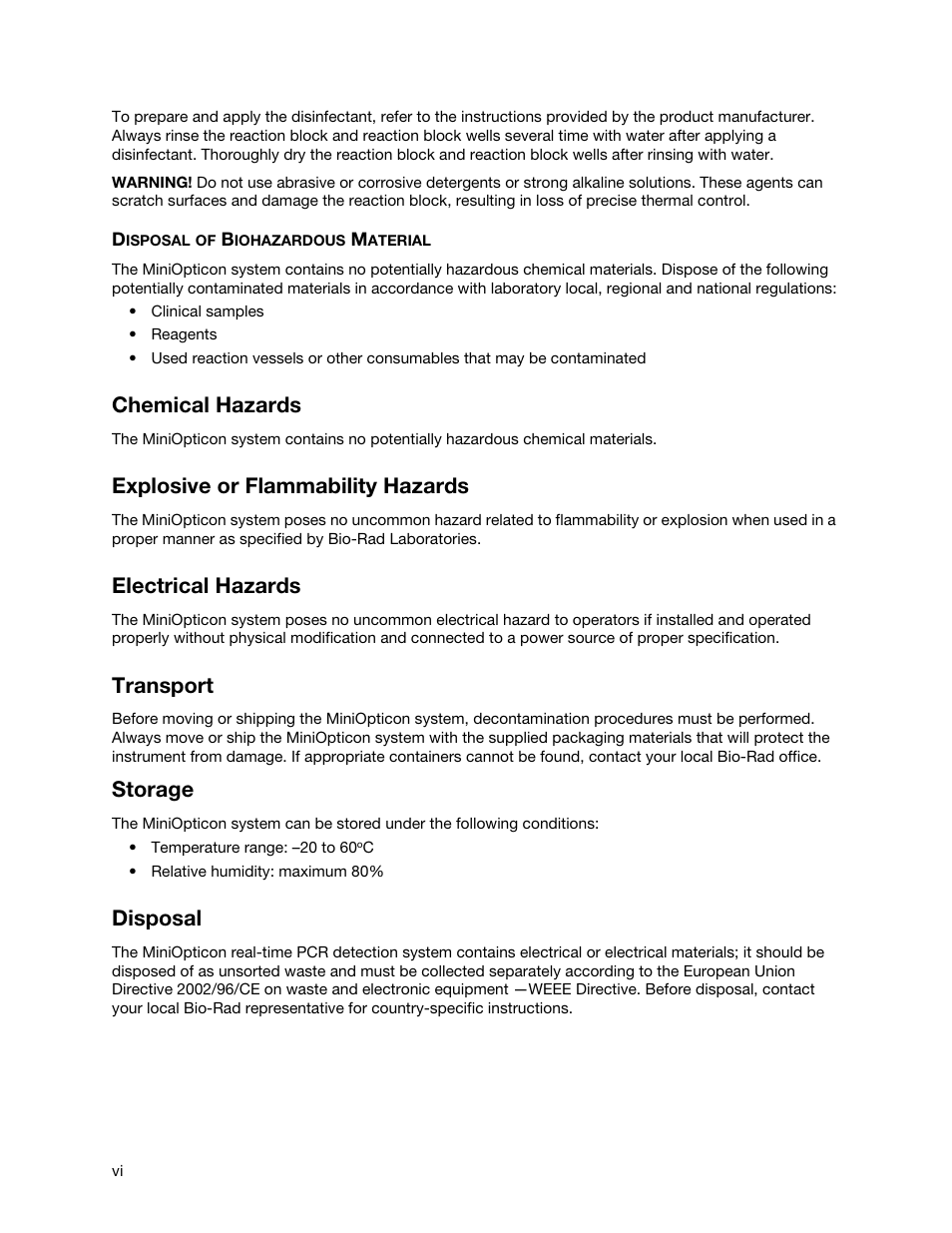 Chemical hazards, Explosive or flammability hazards, Electrical hazards | Transport, Storage, Disposal | Bio-Rad Firmware & Software Updates User Manual | Page 7 / 148