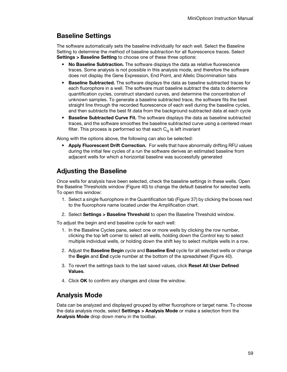 Baseline settings, Adjusting the baseline, Analysis mode | Bio-Rad Firmware & Software Updates User Manual | Page 70 / 148