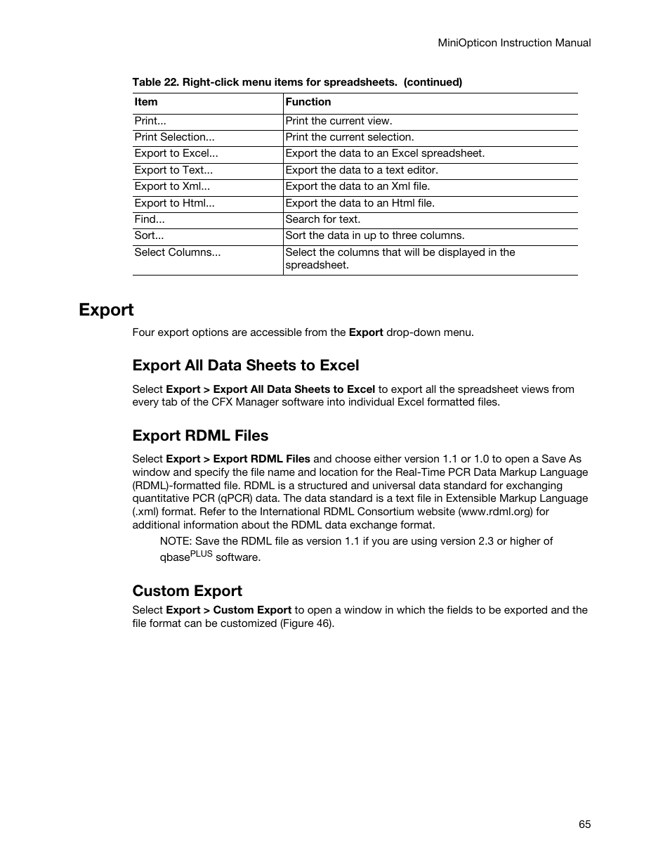 Export, Export all data sheets to excel, Export rdml files | Custom export | Bio-Rad Firmware & Software Updates User Manual | Page 76 / 148