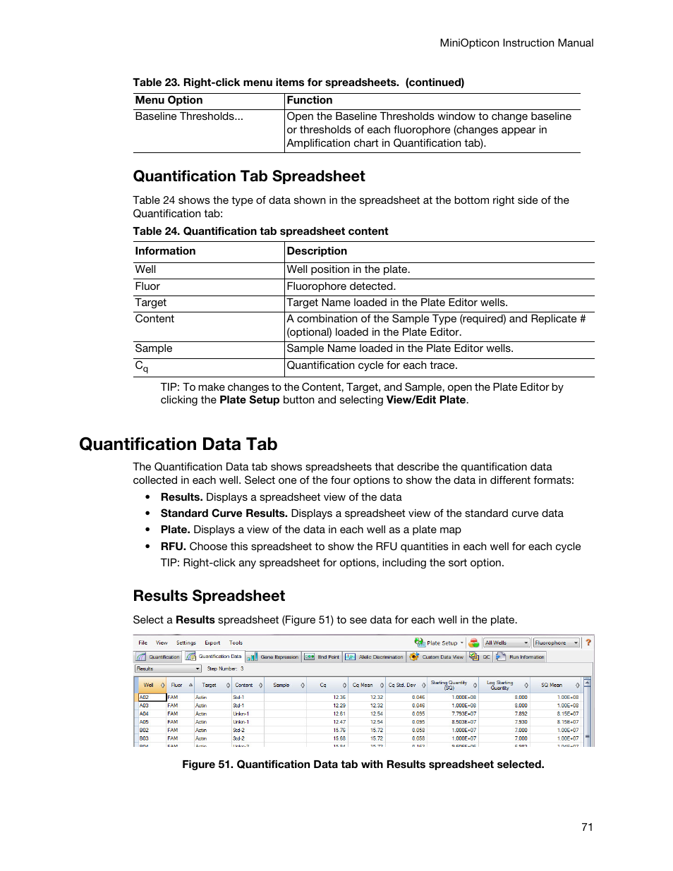 Quantification data tab, Quantification tab spreadsheet, Results spreadsheet | Bio-Rad Firmware & Software Updates User Manual | Page 82 / 148