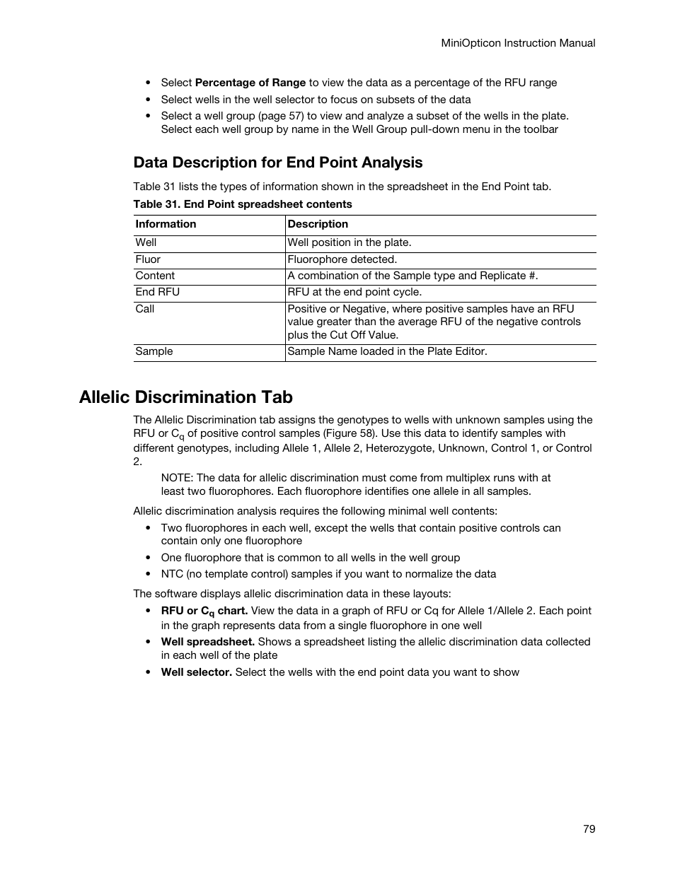 Allelic discrimination tab, Data description for end point analysis | Bio-Rad Firmware & Software Updates User Manual | Page 90 / 148