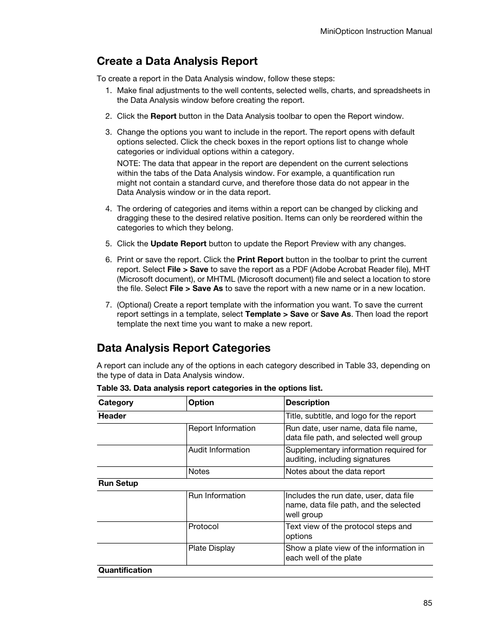 Create a data analysis report, Data analysis report categories | Bio-Rad Firmware & Software Updates User Manual | Page 96 / 148