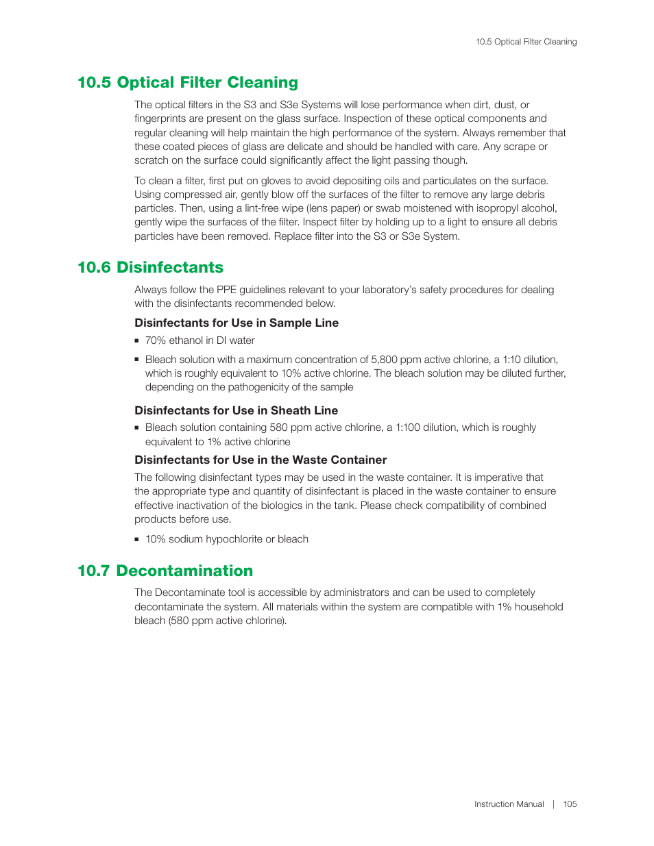 5 optical filter cleaning, 6 disinfectants, 7 decontamination | Disinfectants for use in sample line, Disinfectants for use in sheath line, Disinfectants for use in the waste container | Bio-Rad S3™ Cell Sorter User Manual | Page 115 / 132