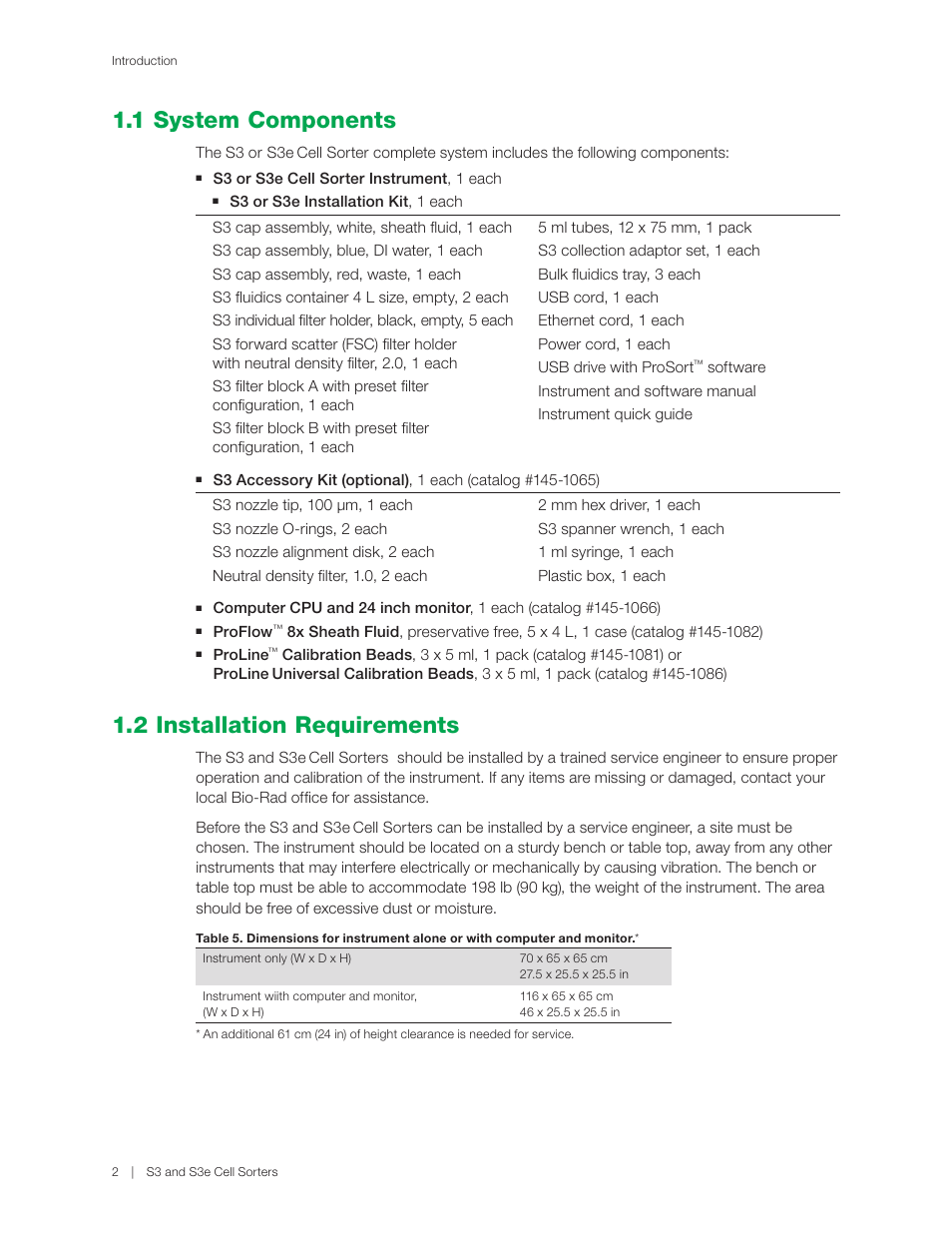 1 system components, 2 installation requirements, 1 system components 1.2 installation requirements | Bio-Rad S3™ Cell Sorter User Manual | Page 12 / 132