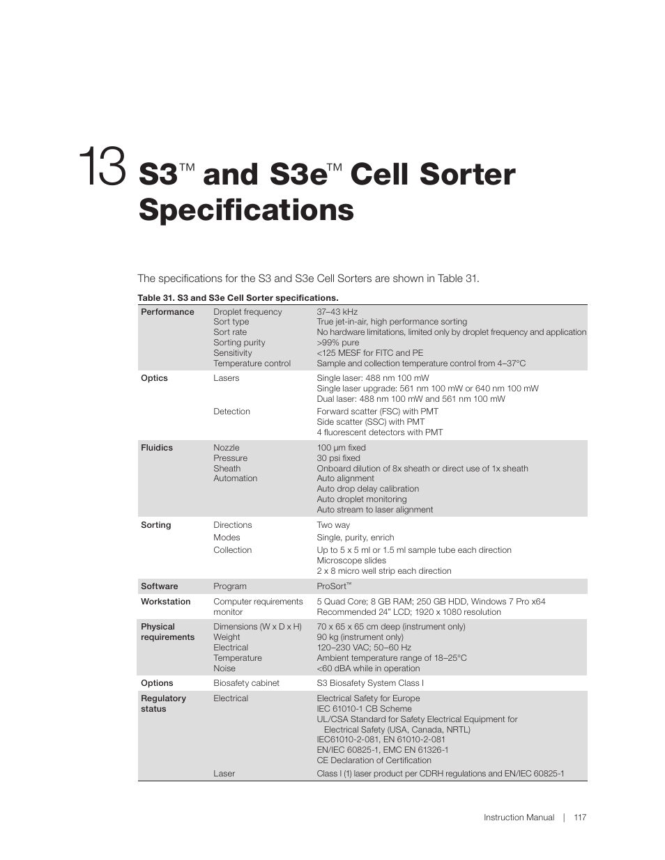 S3 and s3e cell sorter, Specifications, S3 and s3e cell sorter specifications | And s3e, Cell sorter specifications | Bio-Rad S3™ Cell Sorter User Manual | Page 127 / 132