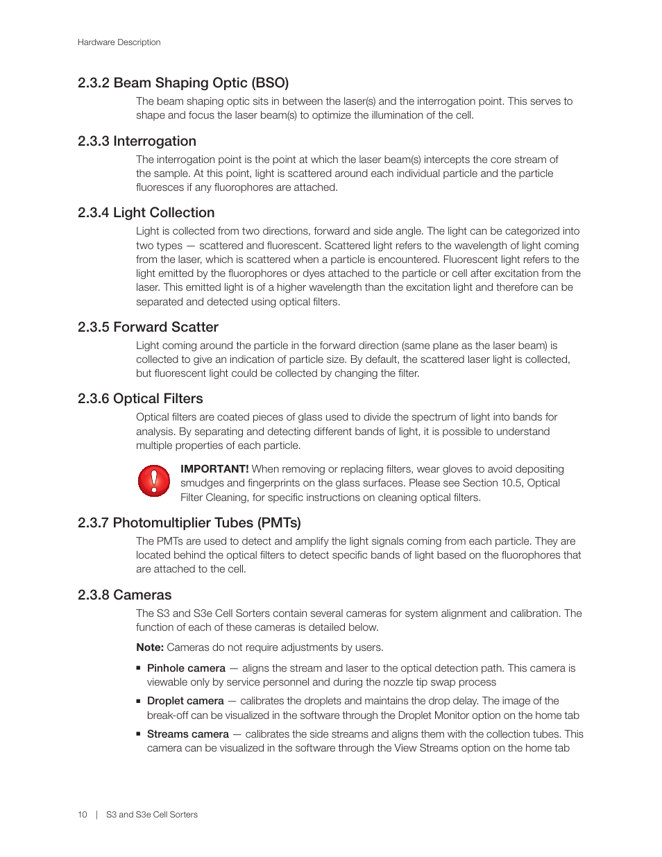 2 beam shaping optic (bso), 3 interrogation, 4 light collection | 5 forward scatter, 6 optical filters, 7 photomultiplier tubes (pmts), 8 cameras | Bio-Rad S3™ Cell Sorter User Manual | Page 20 / 132