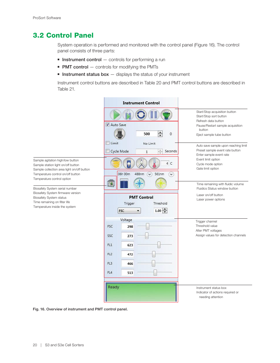 2 control panel, Instrument control — controls for performing a run, Pmt control — controls for modifying the pmts | Bio-Rad S3™ Cell Sorter User Manual | Page 30 / 132