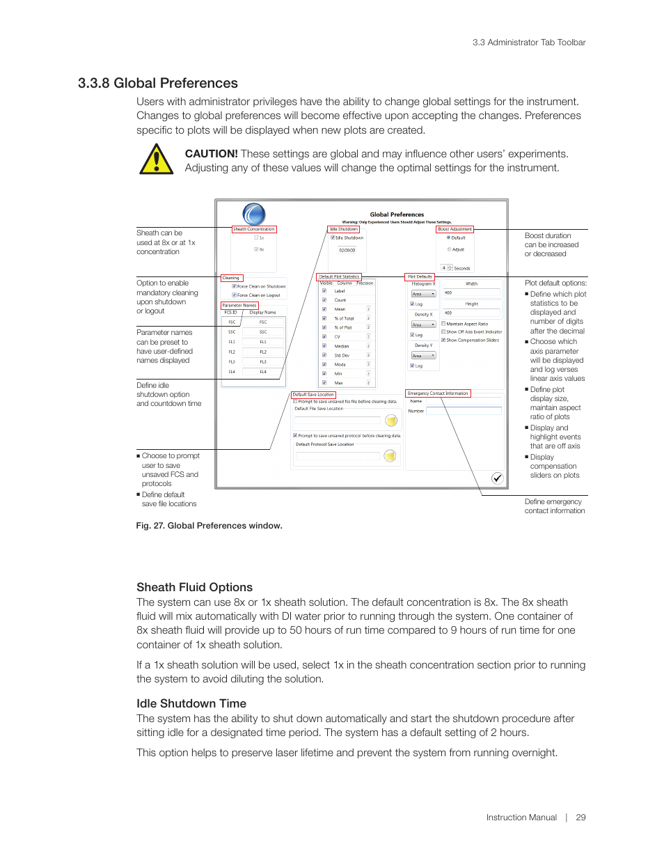 8 global preferences, Sheath fluid options, Idle shutdown time | Bio-Rad S3™ Cell Sorter User Manual | Page 39 / 132