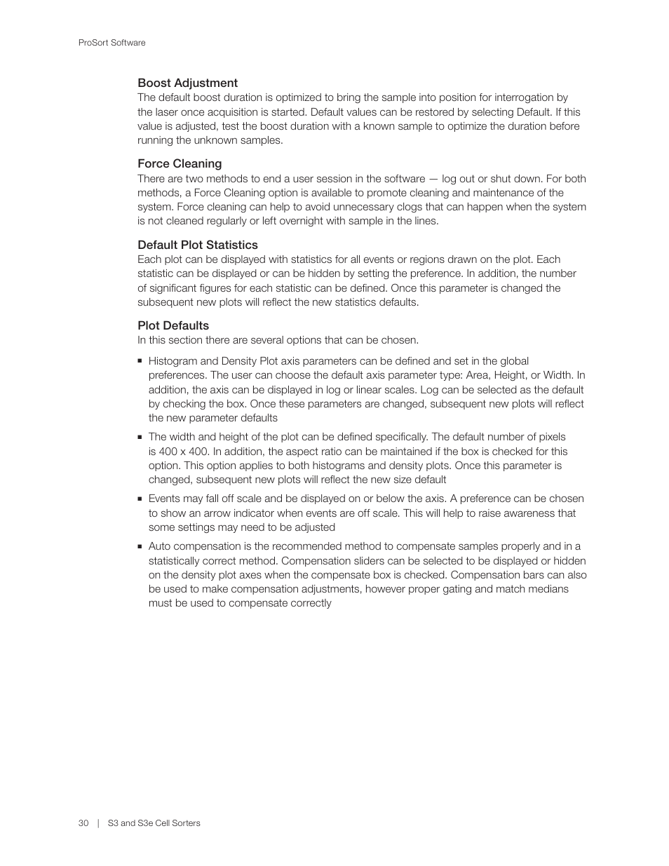 Boost adjustment, Force cleaning, Default plot statistics | Plot defaults | Bio-Rad S3™ Cell Sorter User Manual | Page 40 / 132