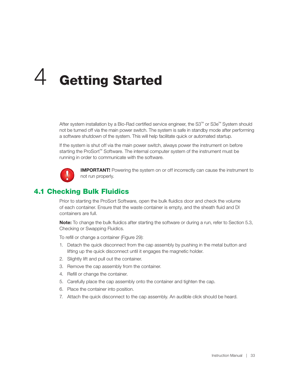 Getting started, 1 checking bulk fluidics | Bio-Rad S3™ Cell Sorter User Manual | Page 43 / 132