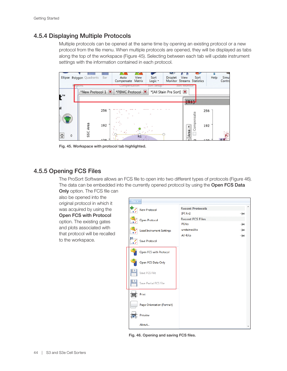 4 displaying multiple protocols, 5 opening fcs files | Bio-Rad S3™ Cell Sorter User Manual | Page 54 / 132