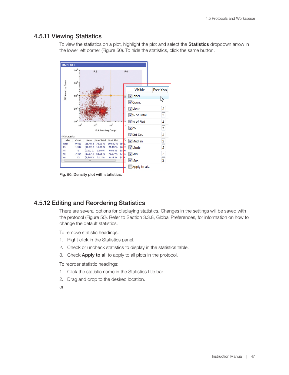 11 viewing statistics, 12 editing and reordering statistics | Bio-Rad S3™ Cell Sorter User Manual | Page 57 / 132