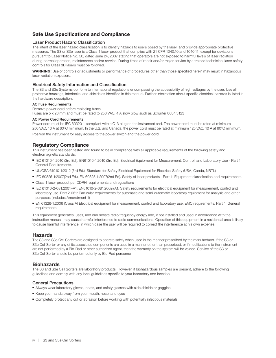 Safe use specifications and compliance, Regulatory compliance, Hazards | Biohazards | Bio-Rad S3™ Cell Sorter User Manual | Page 6 / 132