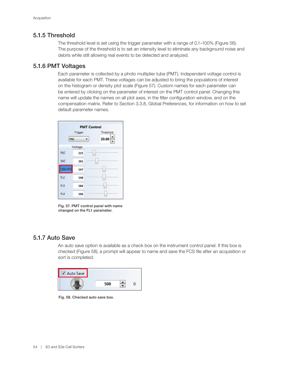 7 auto save, 5 threshold, 6 pmt voltages | Bio-Rad S3™ Cell Sorter User Manual | Page 64 / 132