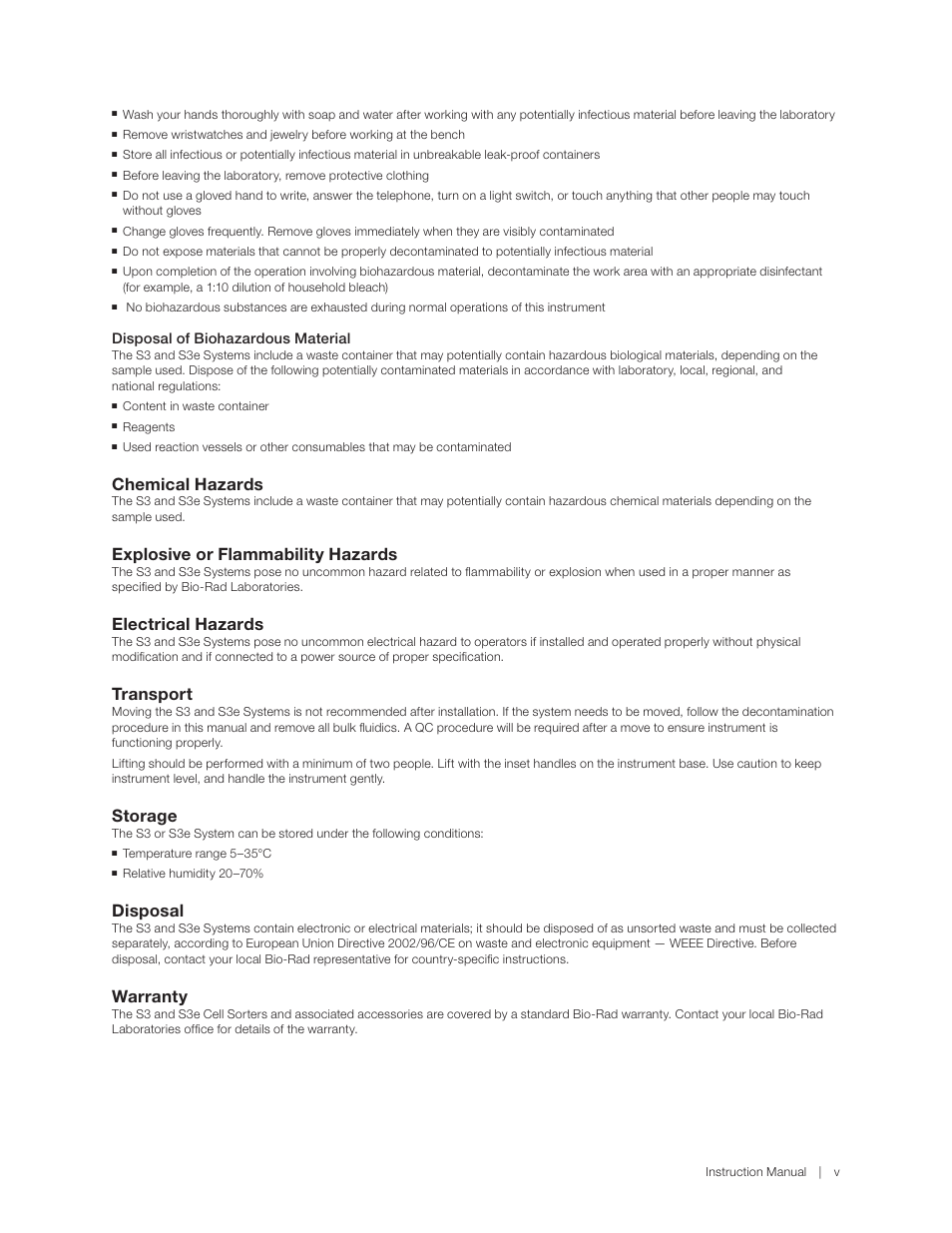 Chemical hazards, Explosive or flammability hazards, Electrical hazards | Transport, Storage, Disposal, Warranty | Bio-Rad S3™ Cell Sorter User Manual | Page 7 / 132