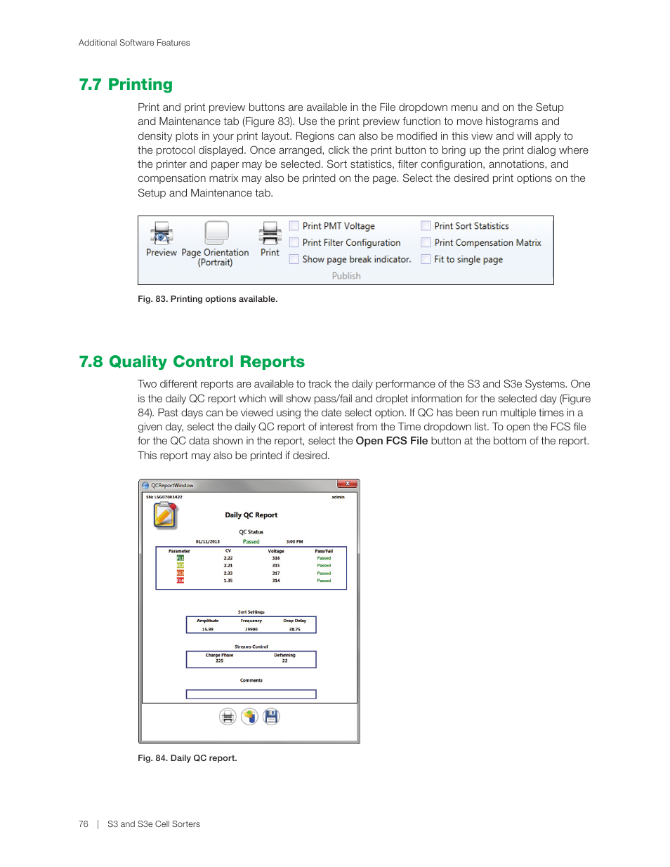 7 printing, 8 quality control reports | Bio-Rad S3™ Cell Sorter User Manual | Page 86 / 132