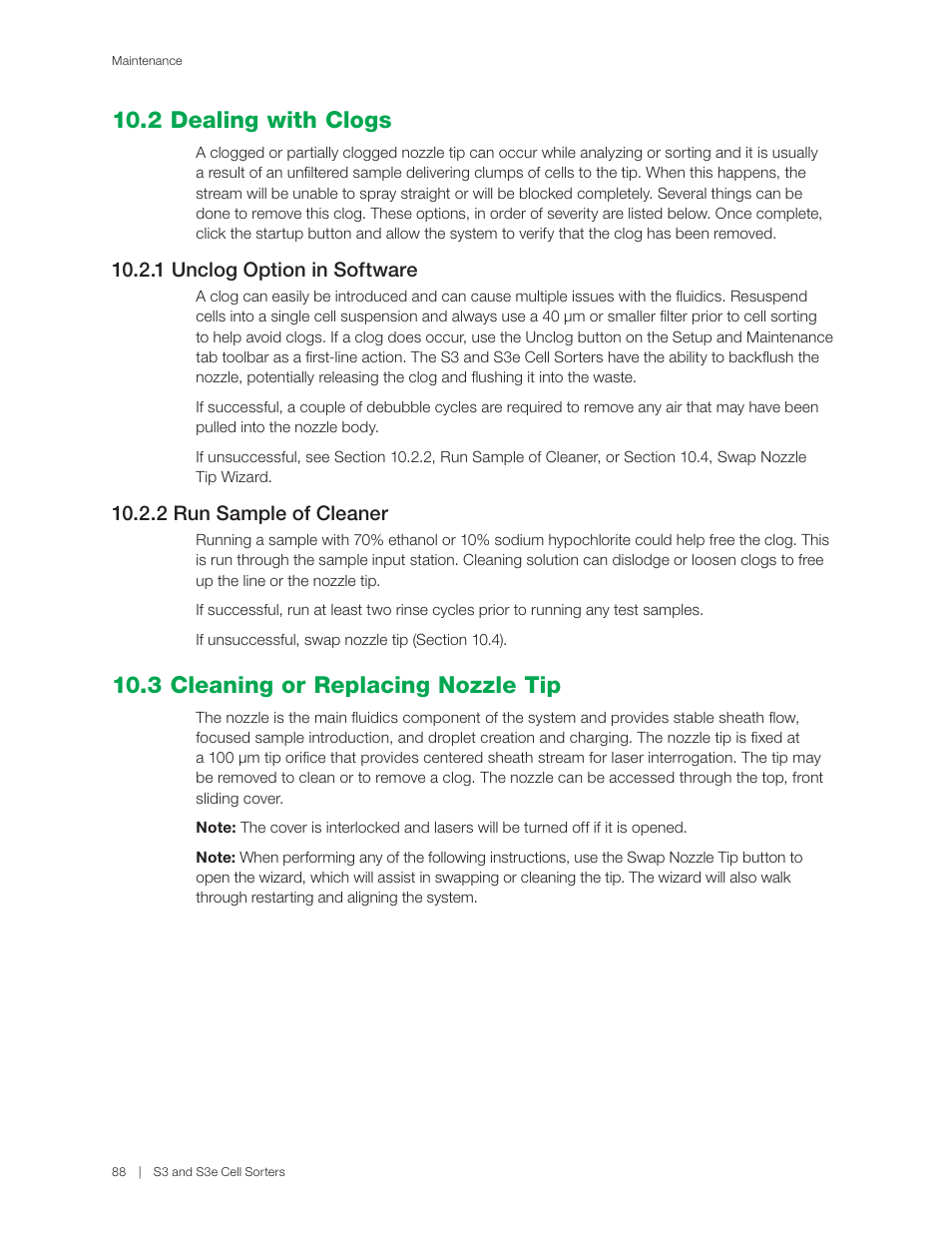 2 dealing with clogs, 3 cleaning or replacing nozzle tip, 1 unclog option in software | 2 run sample of cleaner | Bio-Rad S3™ Cell Sorter User Manual | Page 98 / 132