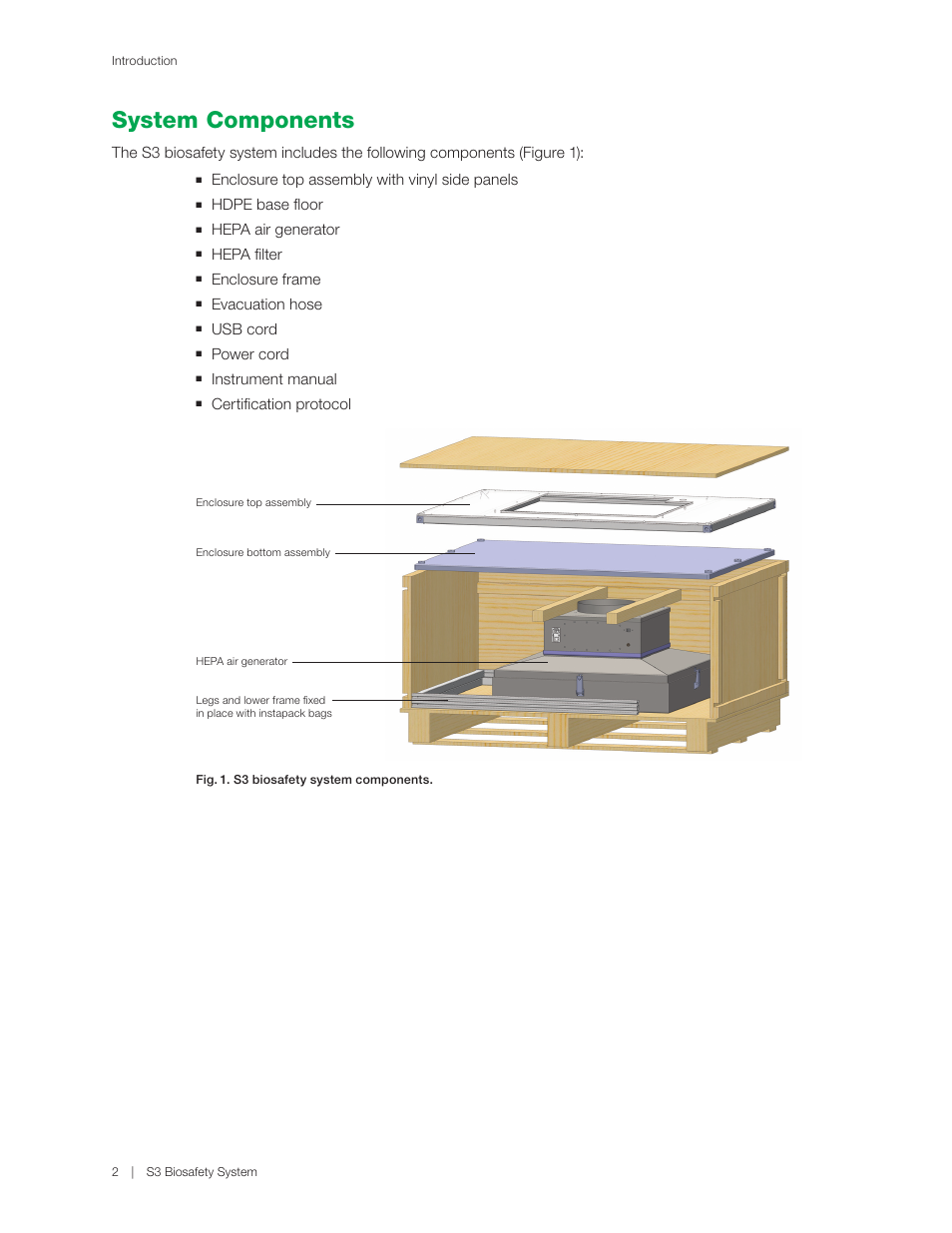 System components, Enclosure top assembly with vinyl side panels, Hdpe base floor | Hepa air generator, Hepa filter, Enclosure frame, Evacuation hose, Usb cord, Power cord, Instrument manual | Bio-Rad S3™ Cell Sorter User Manual | Page 12 / 36