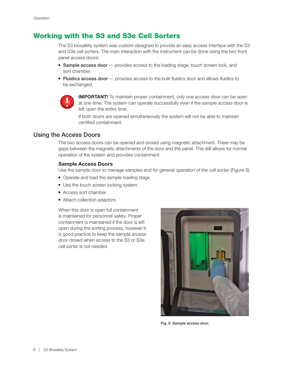 Working with the s3 and s3e cell sorters, Using the access doors, Sample access doors | Bio-Rad S3™ Cell Sorter User Manual | Page 18 / 36