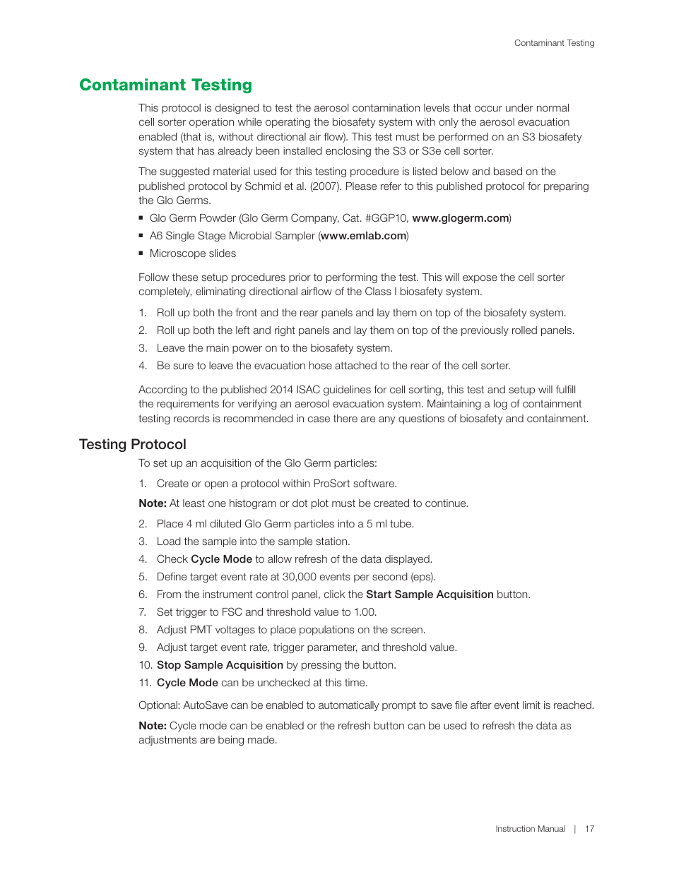 Contaminant testing, Testing protocol | Bio-Rad S3™ Cell Sorter User Manual | Page 27 / 36