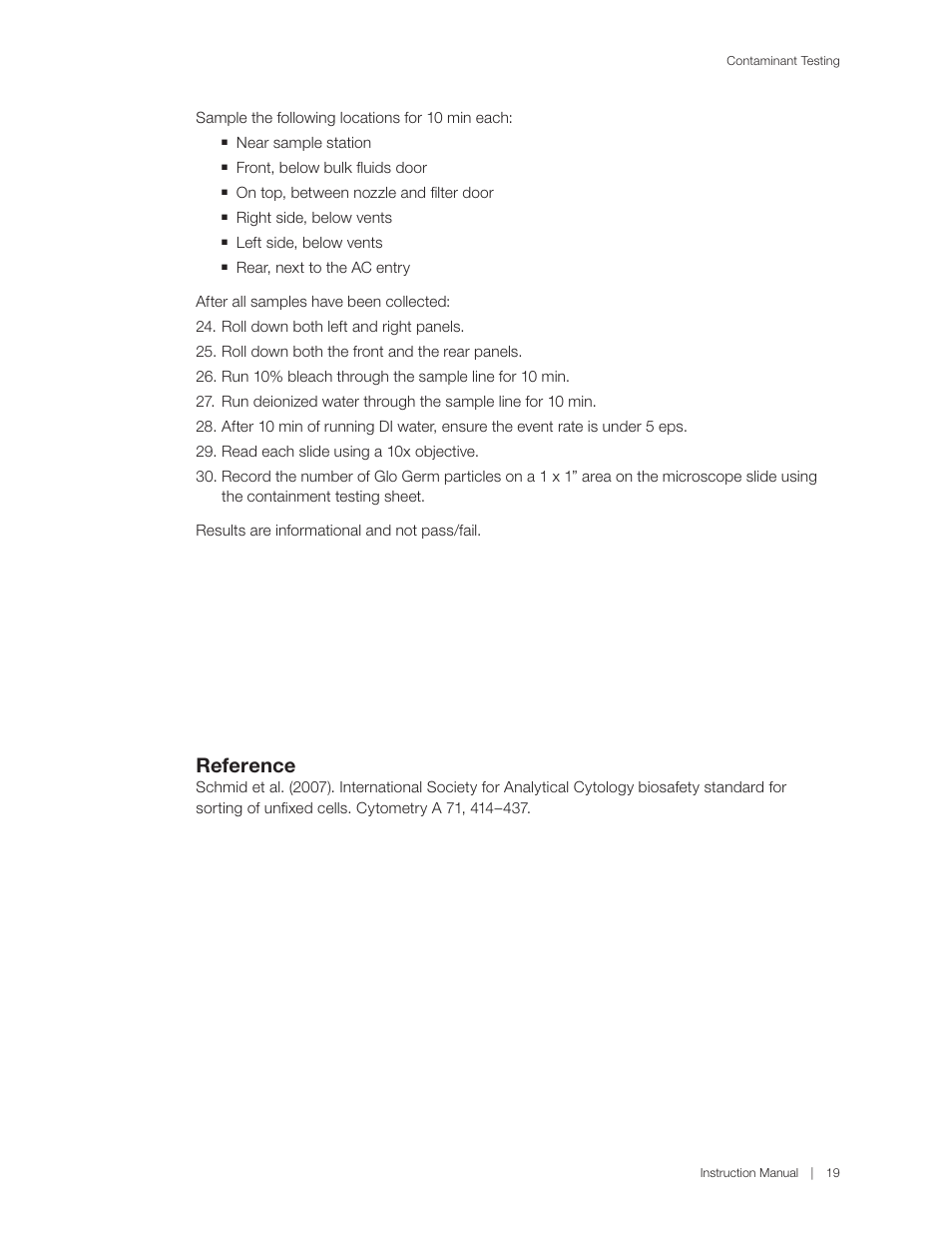 Reference, Sample the following locations for 10 min each, Near sample station | Front, below bulk fluids door, On top, between nozzle and filter door, Right side, below vents, Left side, below vents | Bio-Rad S3™ Cell Sorter User Manual | Page 29 / 36