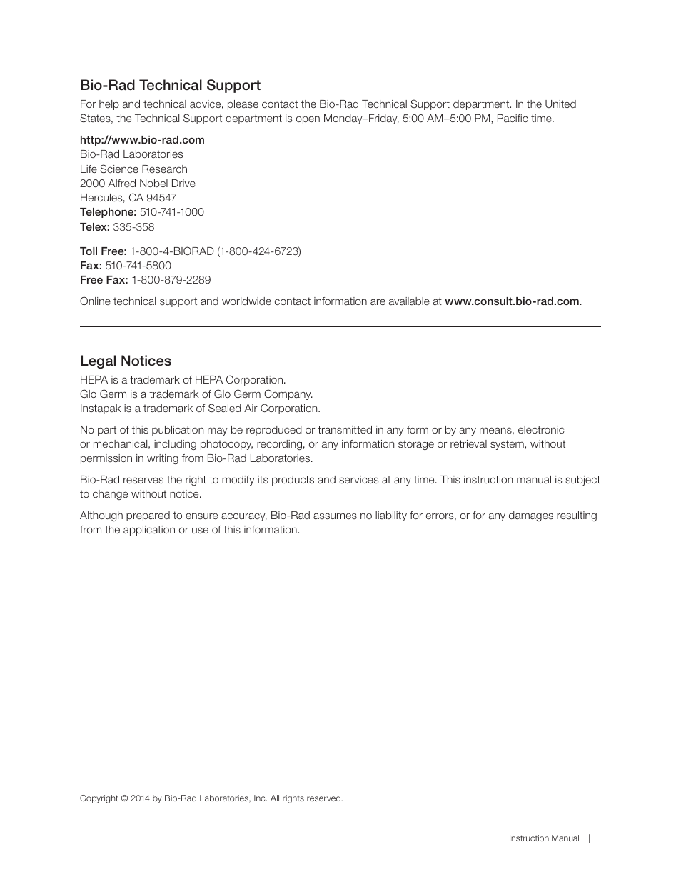 Legal notices, Bio-rad technical support | Bio-Rad S3™ Cell Sorter User Manual | Page 3 / 36