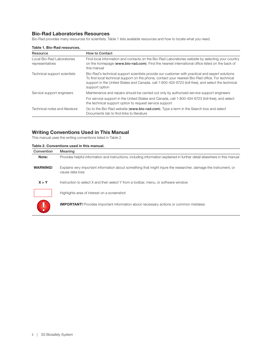 Bio-rad laboratories resources, Writing conventions used in this manual | Bio-Rad S3™ Cell Sorter User Manual | Page 4 / 36