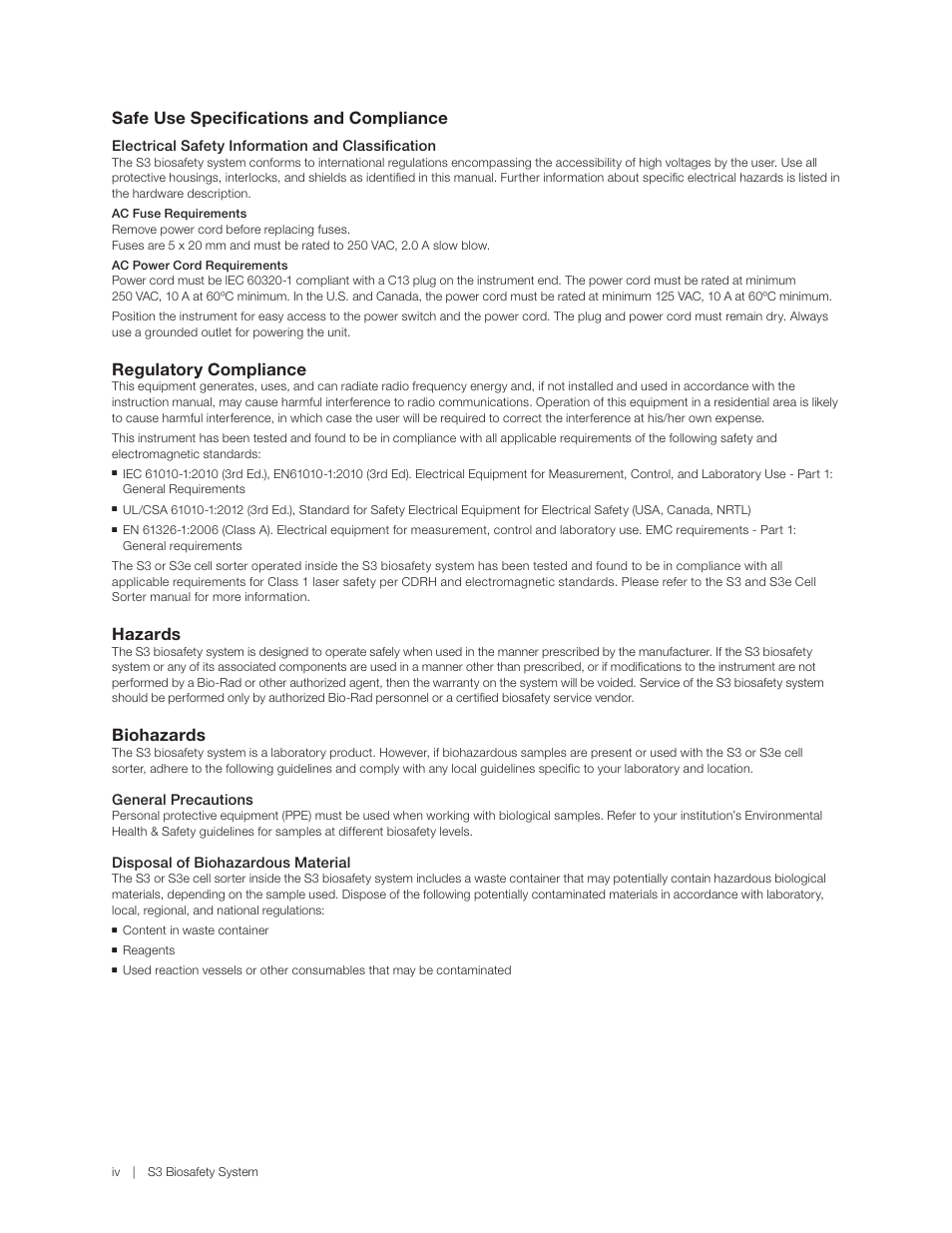 Safe use specifications and compliance, Regulatory compliance, Hazards | Biohazards | Bio-Rad S3™ Cell Sorter User Manual | Page 6 / 36