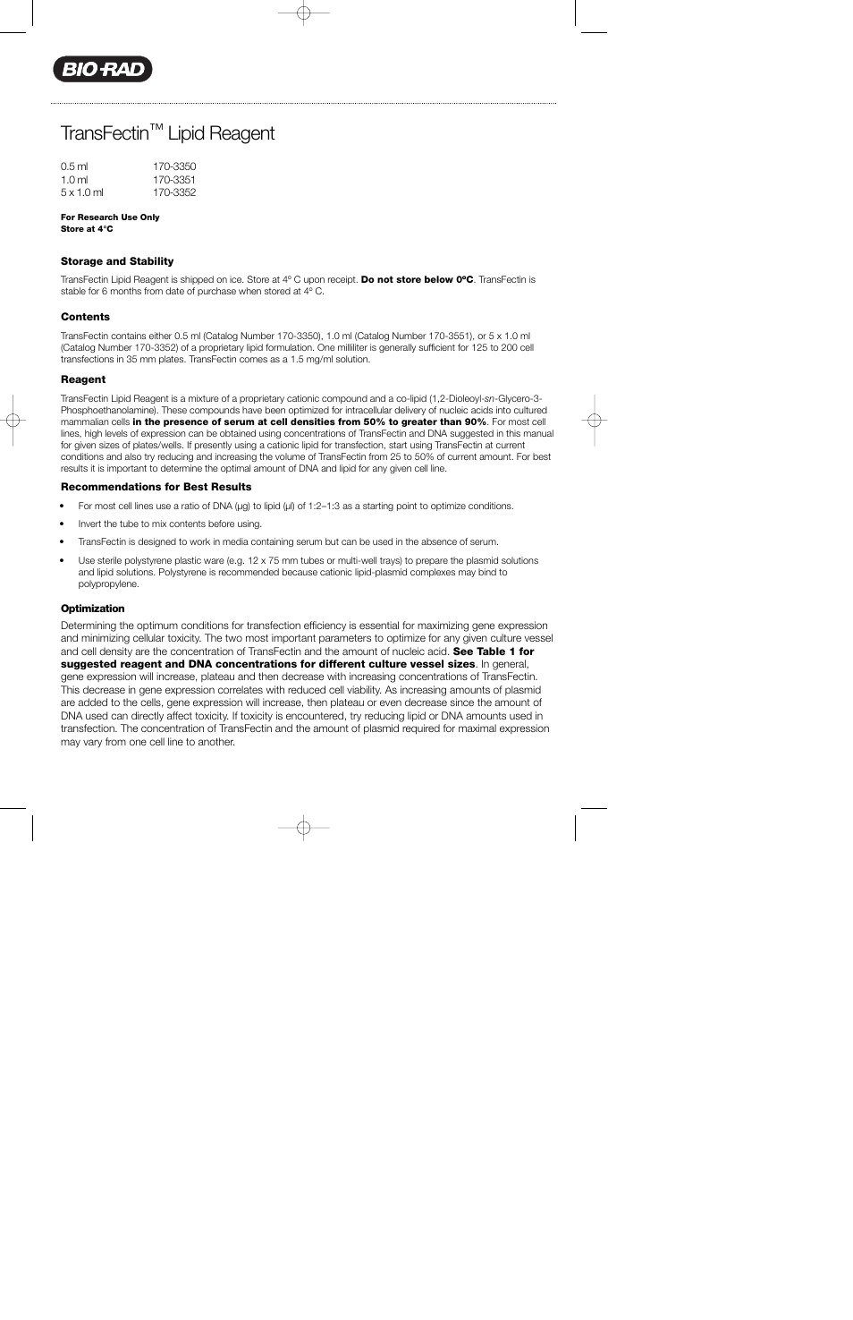 Bio-Rad TransFectin™ Lipid Reagent User Manual | 2 pages